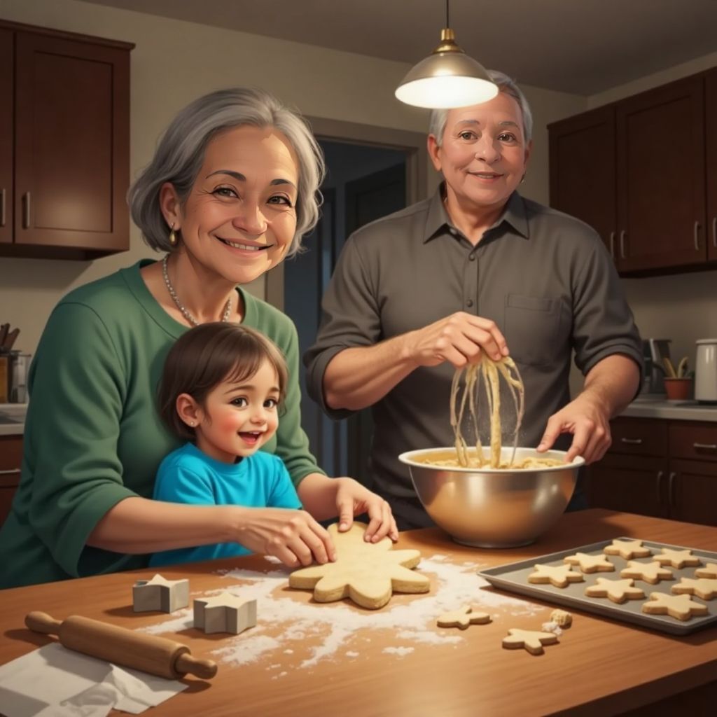 Under warm kitchen lights, Grandma sprinkles flour while guiding Wyatt’s tiny hand onto star-shaped dough, as Grandpa stands at the counter behind them briskly whisking batter.