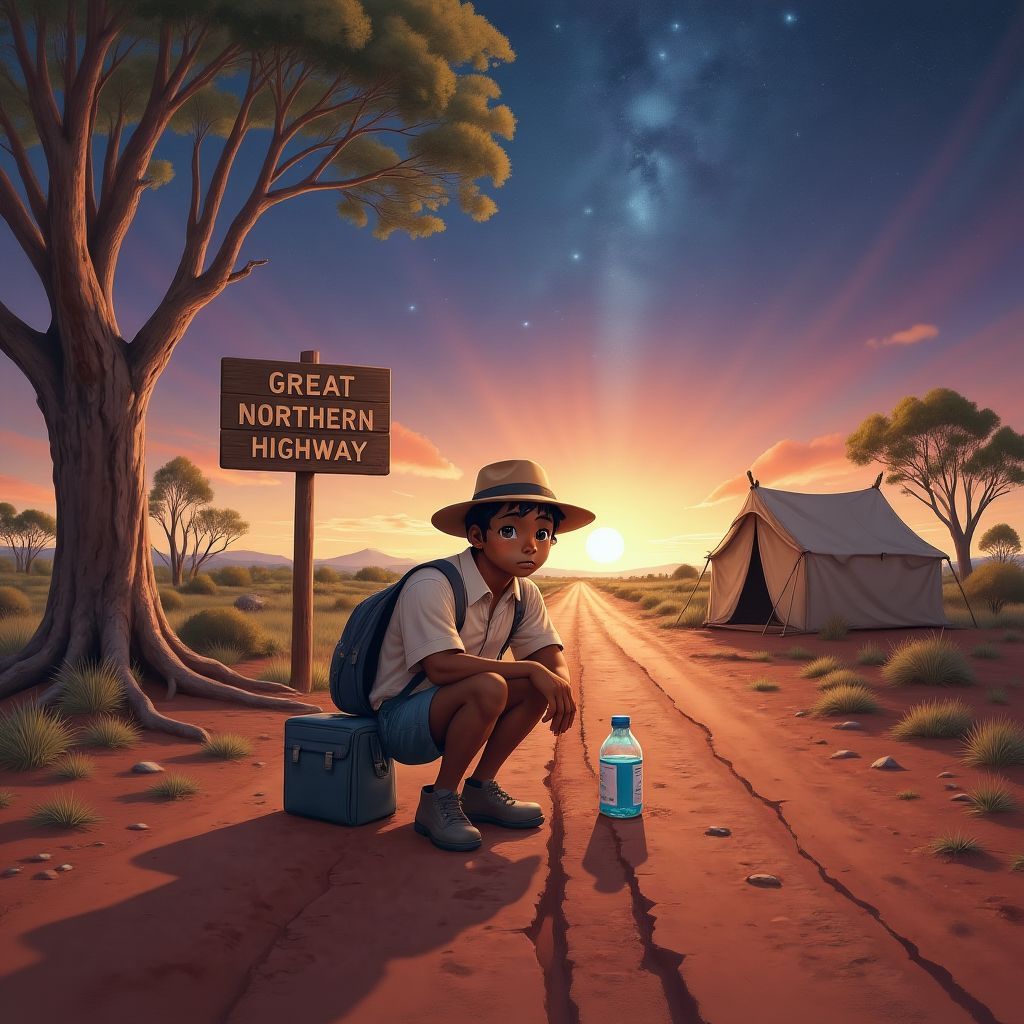 On a dusty roadside campsite at sunset, Wunyungar kneels beside his small pitched tent, clutching an almost-empty water bottle. Fading orange light meets emerging stars overhead, casting soft dusky shadows across the red earth.