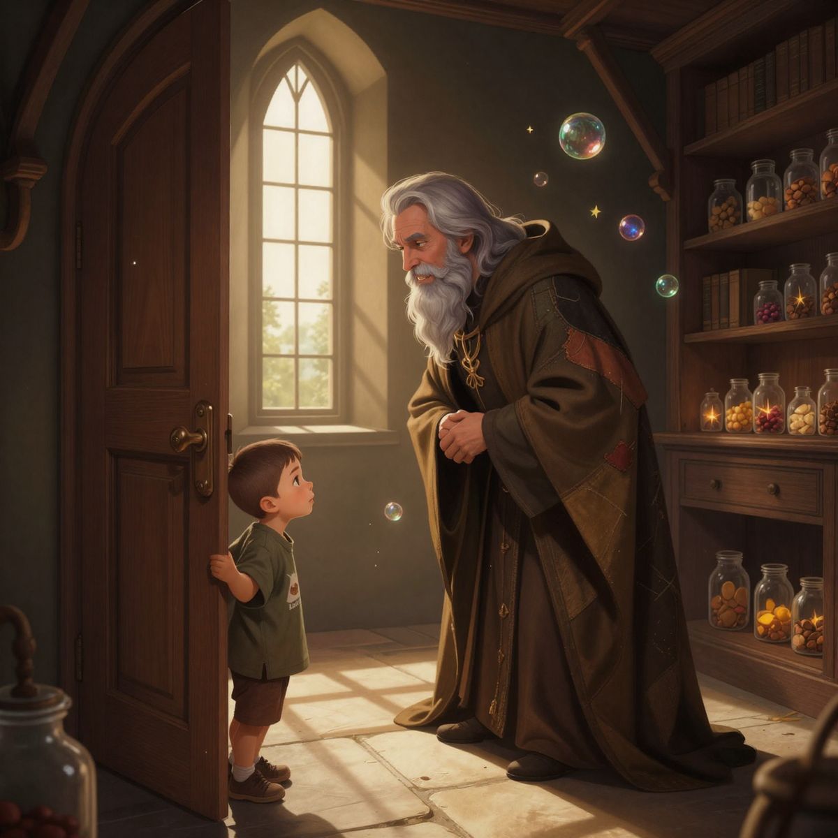 Inside the crooked tower entry hall at late afternoon, Master Bumblecloak bows with a welcoming smile as iridescent bubble-like sparks hover around him. Piotrek peeks through the open door, eyes wide with wonder.