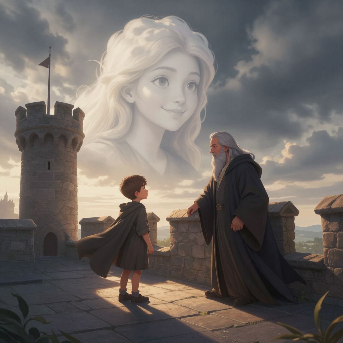 Dawn light floods the tower roof as the once-dark clouds turn white, revealing a swirling storm sprite face made of clouds smiling gently. Piotrek stands on the parapet beside Aldwin, cape fluttering in the now-soft breeze.