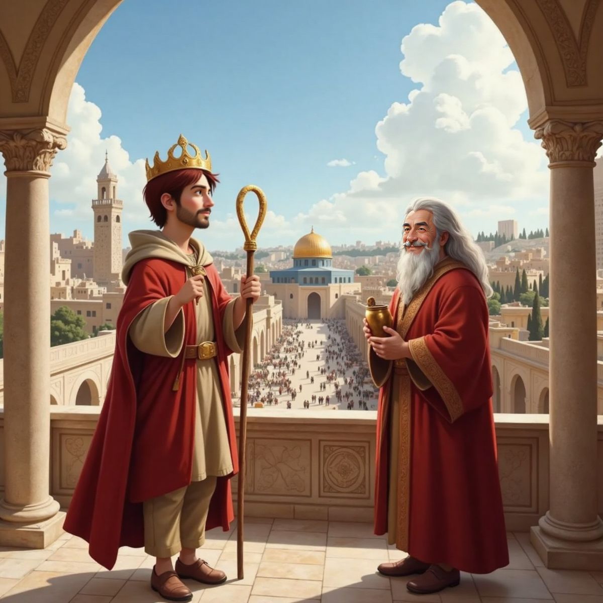 Sunlit palace terrace overlooking Jerusalem; King David wearing a golden crown and crimson robe waves to cheering citizens below while aged Samuel stands beside a marble column, smiling proudly.