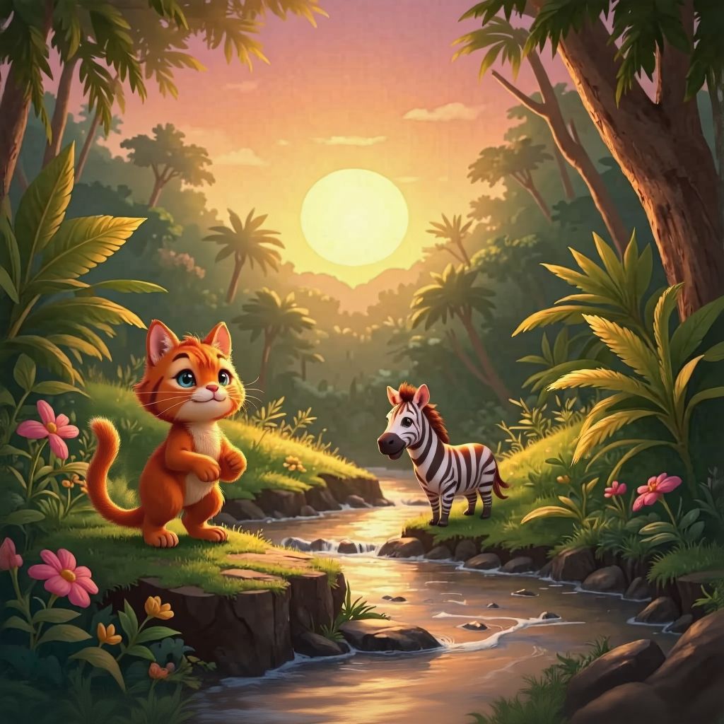 At sunset on a winding jungle trail, Sunny paints the sky warm peach and pink. Kimi stands on a stone, tail waving happily, as Zibi zigzags forward kicking up glowing dust motes.