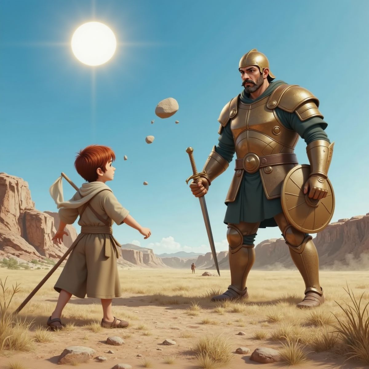 Open battlefield beneath clear sky; David releases his sling, stone frozen mid-flight toward Goliath’s forehead while the giant staggers backward, eyes wide, bronze armor glinting in bright daylight.
