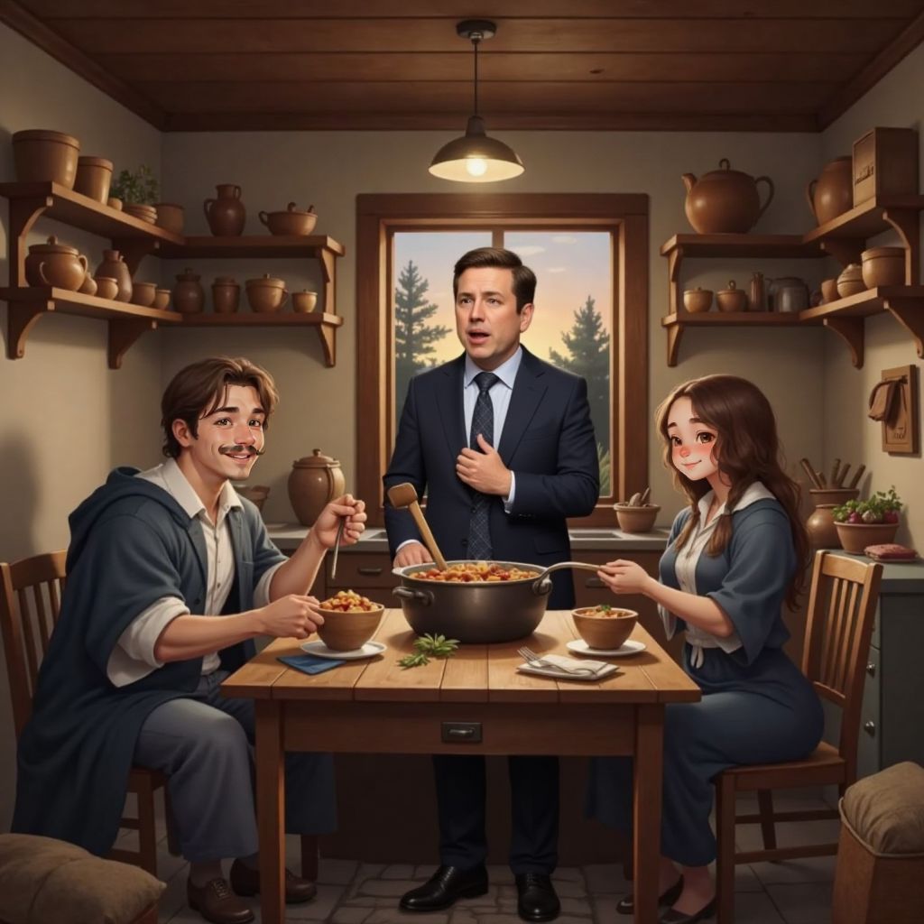 Inside the Nielsen kitchen at dusk, Augustinus ladles steaming stew onto a wooden table where Hans Hansen sits, travel cloak draped over the chair. Mina Nielsen stands nearby in hearth-glow, smiling shyly as laughter fills the cozy room.