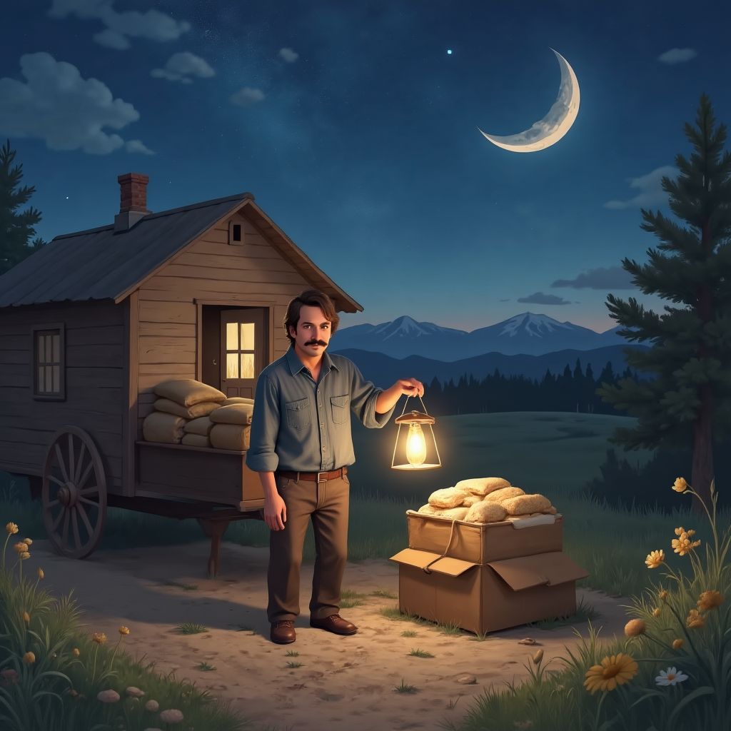 Night outside a small farmhouse, Hans Hansen stacks food sacks and tools into a wooden wagon while holding his polished violin case. Stars sparkle above the dirt road, lantern light casting warm yellow on his thoughtful face.