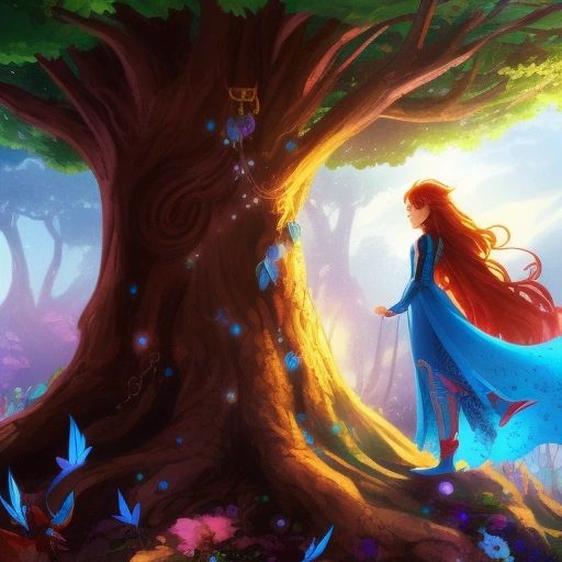 Little Jennifer standing in front of the Tree of Life, with fairies, elves, and a unicorn in the background.