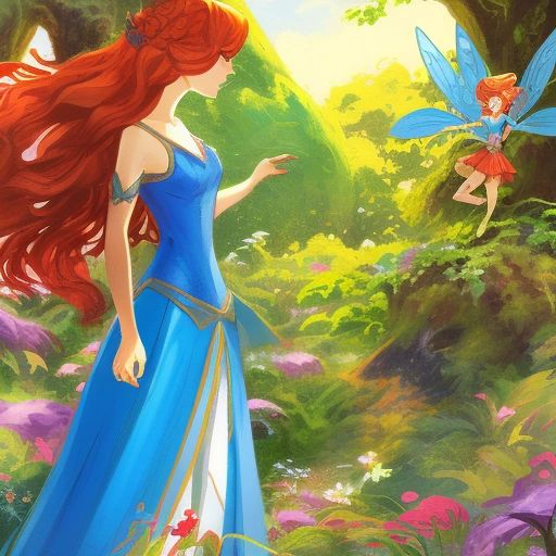 Little Jennifer exploring the garden, with the Queen of the Garden in the background. Jennifer has long red hair and is wearing a blue dress.