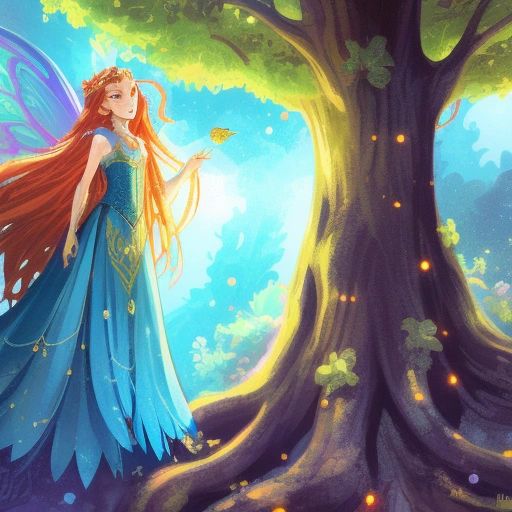 Little Jennifer and the Queen of the Garden standing in front of the Tree of Life. The Queen is wearing a shimmering silver dress and has wings.