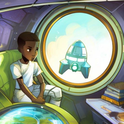 Little Adam in his spaceship, exploring distant galaxies and discovering new planets.