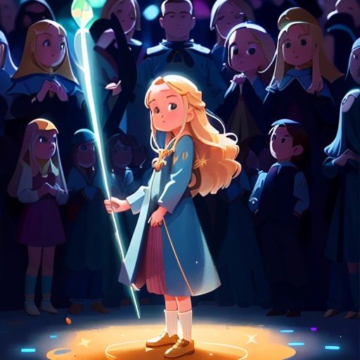 Claudia standing in the middle of a crowd of people, with a bright glow emanating from the wand and a sense of peace and unity in the air.