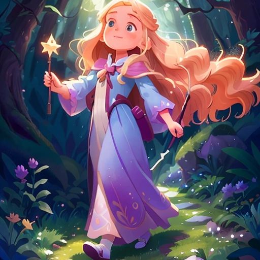 Claudia walking through the forest, holding the magical wand in her hand, with a look of wonder and excitement on her face.