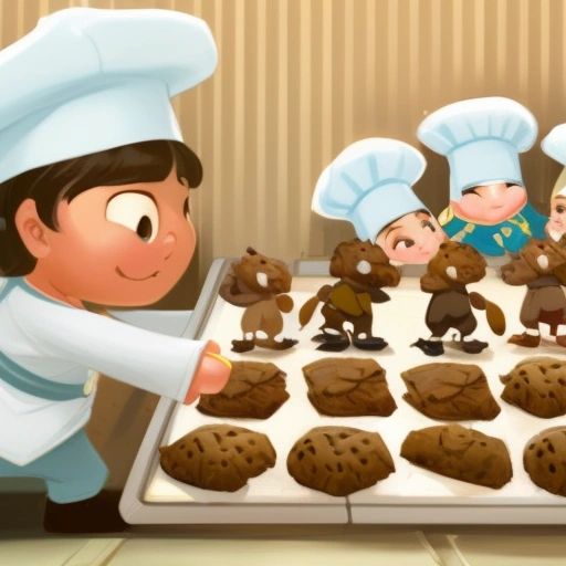 The illustration shows Baker holding a tray of freshly baked cookies, with his friends gathered around him, eagerly reaching for a cookie. The cookies are warm and gooey, with chocolate chips oozing out of them.