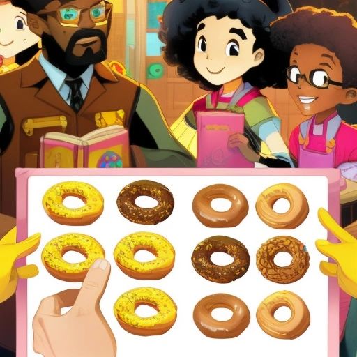 The illustration shows two donuts side by side, with Baker's friends gathered around them, trying to spot the differences. They are pointing and discussing the differences they have found, while Baker looks on with a mischievous grin.