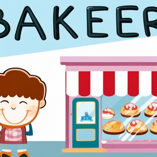 The illustration shows Baker standing in front of his bakery, with a big sign above the door that says "Baker's Bakery". There are people lined up outside, waiting to taste his delicious treats. Baker looks happy and fulfilled, with a big smile on his face, knowing that his dream has come true.