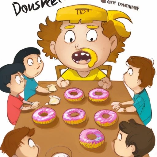 The illustration shows Baker and his friends sitting around a table with a pile of donuts in the middle. They are all eagerly stuffing their faces with donuts, trying to win the donut-eating contest. Baker is in the lead, with a determined look on his face.