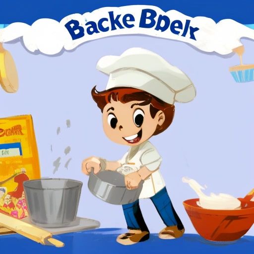 The illustration shows Baker, a little European boy with medium brown hair, standing in his kitchen surrounded by ingredients and baking tools. He is mixing dough in a bowl and has a big smile on his face, showing his love for baking.