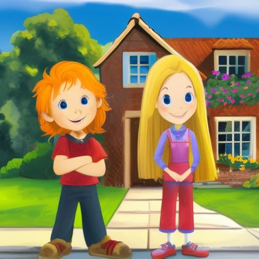 A and E standing in front of their home, smiling and looking content. A has long red hair and E has medium blonde hair.