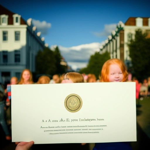 A and E standing in front of a large crowd of people, with A and E holding a banner that reads “A and E’s Legacy”. A has long red hair and E has medium blonde hair.