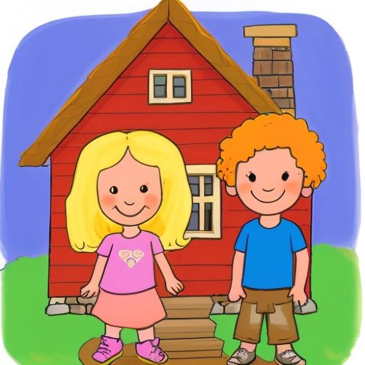 A and E standing in front of their newly built home, looking proud and content. A has long red hair and E has medium blonde hair.