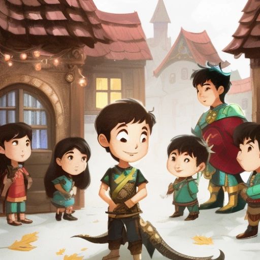 Omar and the dragon standing in front of their house, with Omar looking proud and happy. The villagers are gathered around them, cheering and applauding.