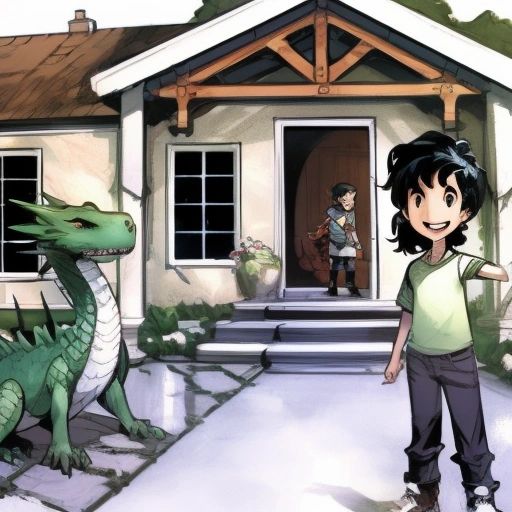 Omar and the dragon standing in front of their new house, looking happy and content.