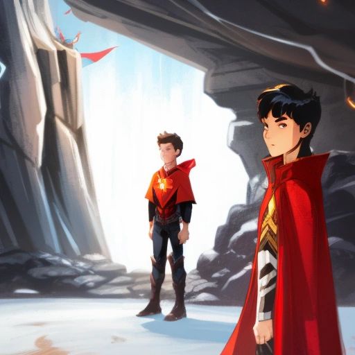 Omar standing in front of the dragon's cave, looking determined and brave. He has medium black hair and is wearing a red cape.