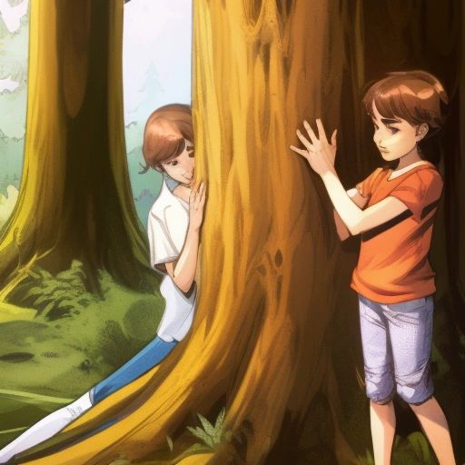 Rosalina and Momo hiding behind a large tree, with Rosalina clutching Momo’s hand.