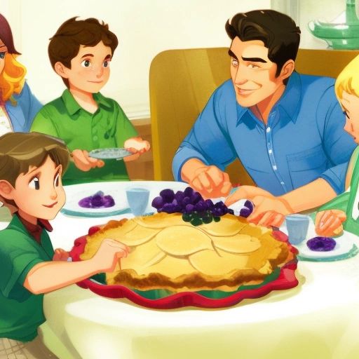 Rosalina and Momo sitting around the table with their parents, with their mother cutting a slice of blueberry pie.