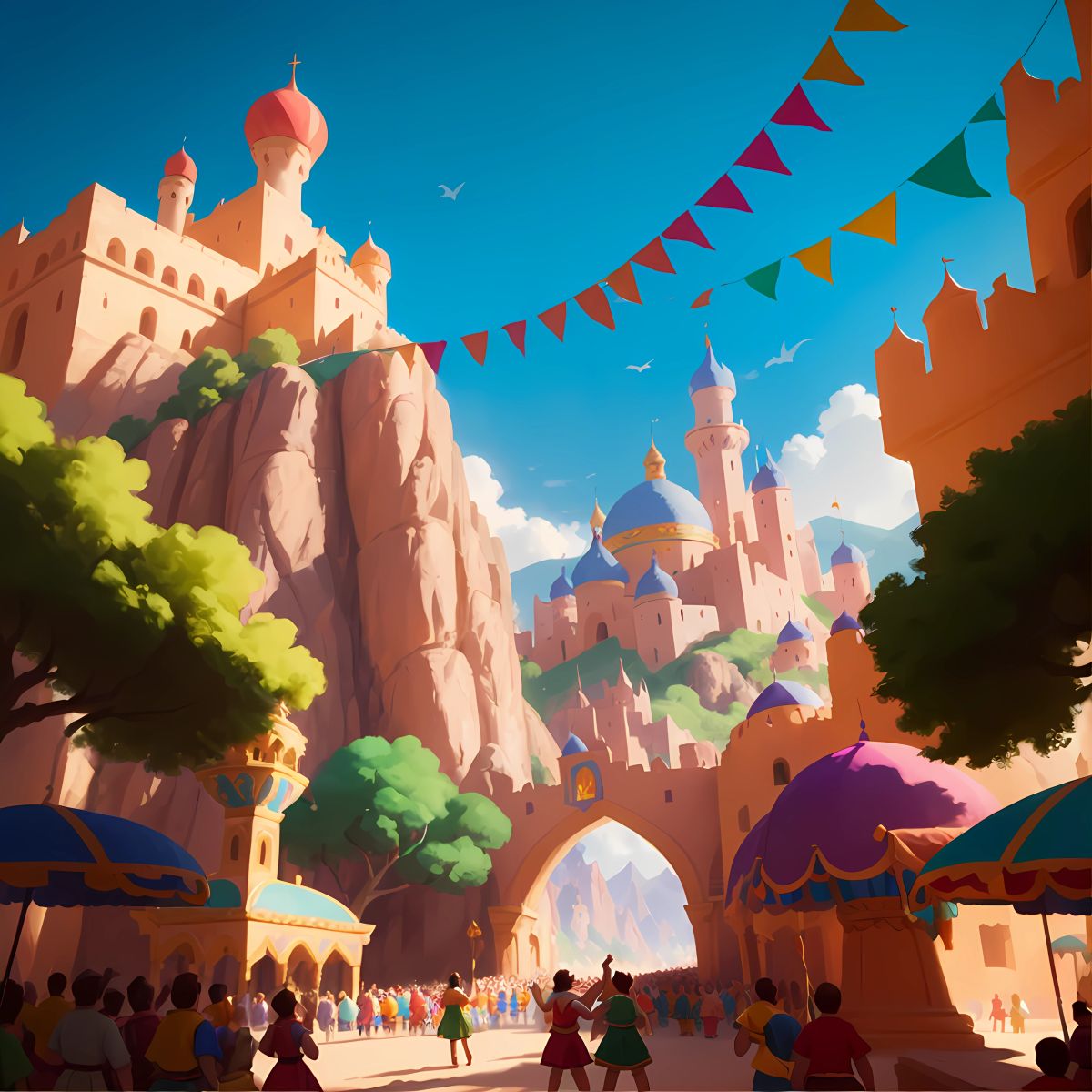 A grand celebration in the kingdom of Enchantia, with vibrant colors filling the streets, laughter and music filling the air, and the dragons attending as symbols of hope and unity.