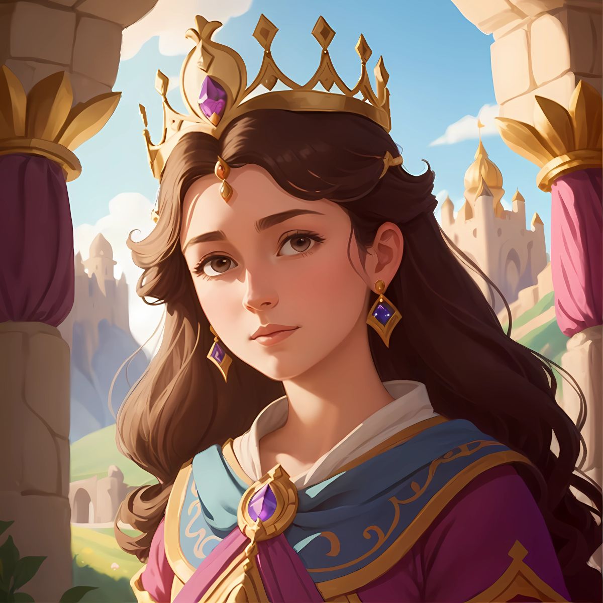 Princess Amelia as a wise and compassionate queen, ruling the kingdom of Enchantia with fairness and kindness, her reign bringing prosperity and harmony to the land, and her legacy inspiring courage and empathy in the hearts of all who hear her story.