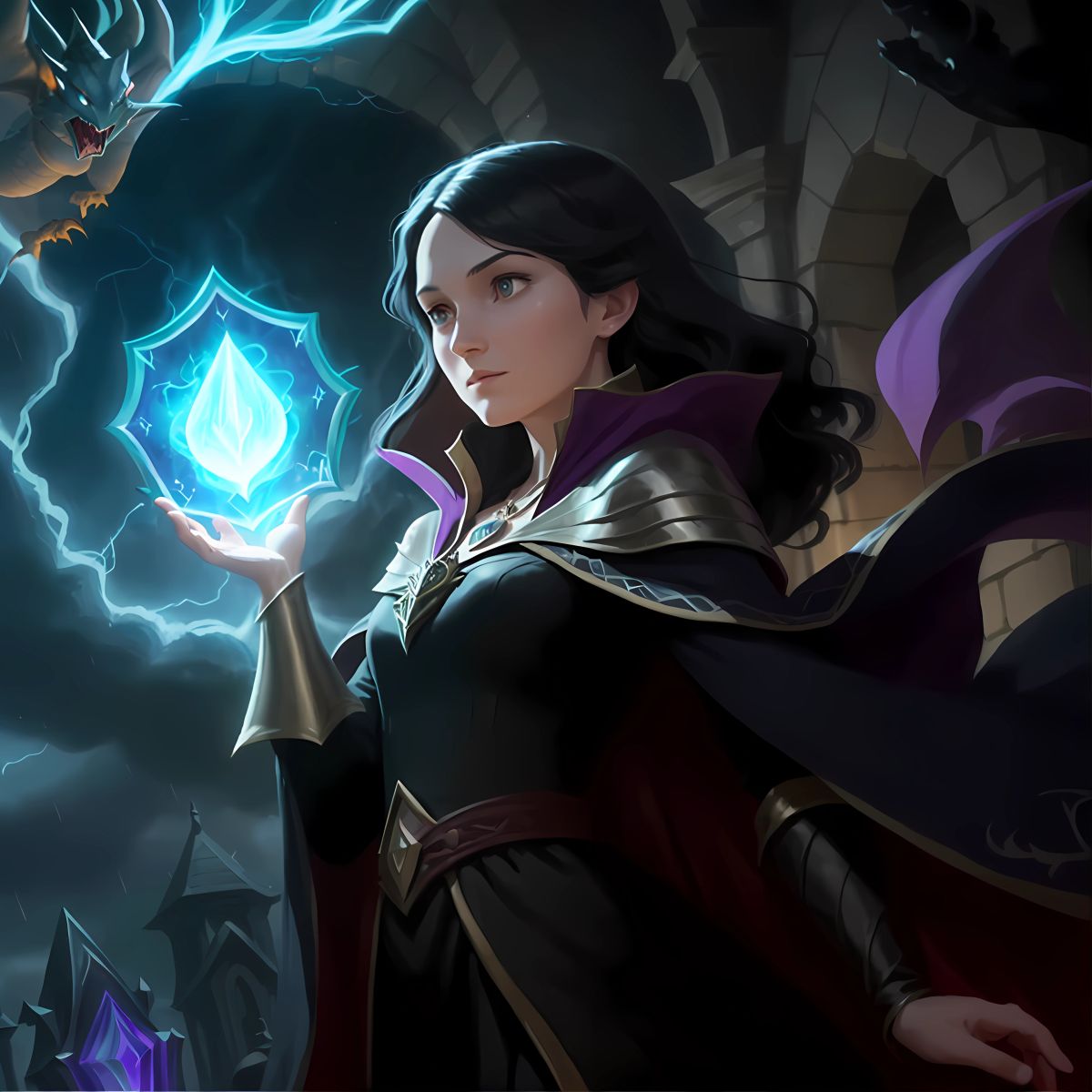 A wicked sorceress named Morgana emerging from the shadows, conjuring a storm with her dark magic as Princess Amelia summons a shield of radiant light from her magical pendant to protect the dragons and her newfound friends.