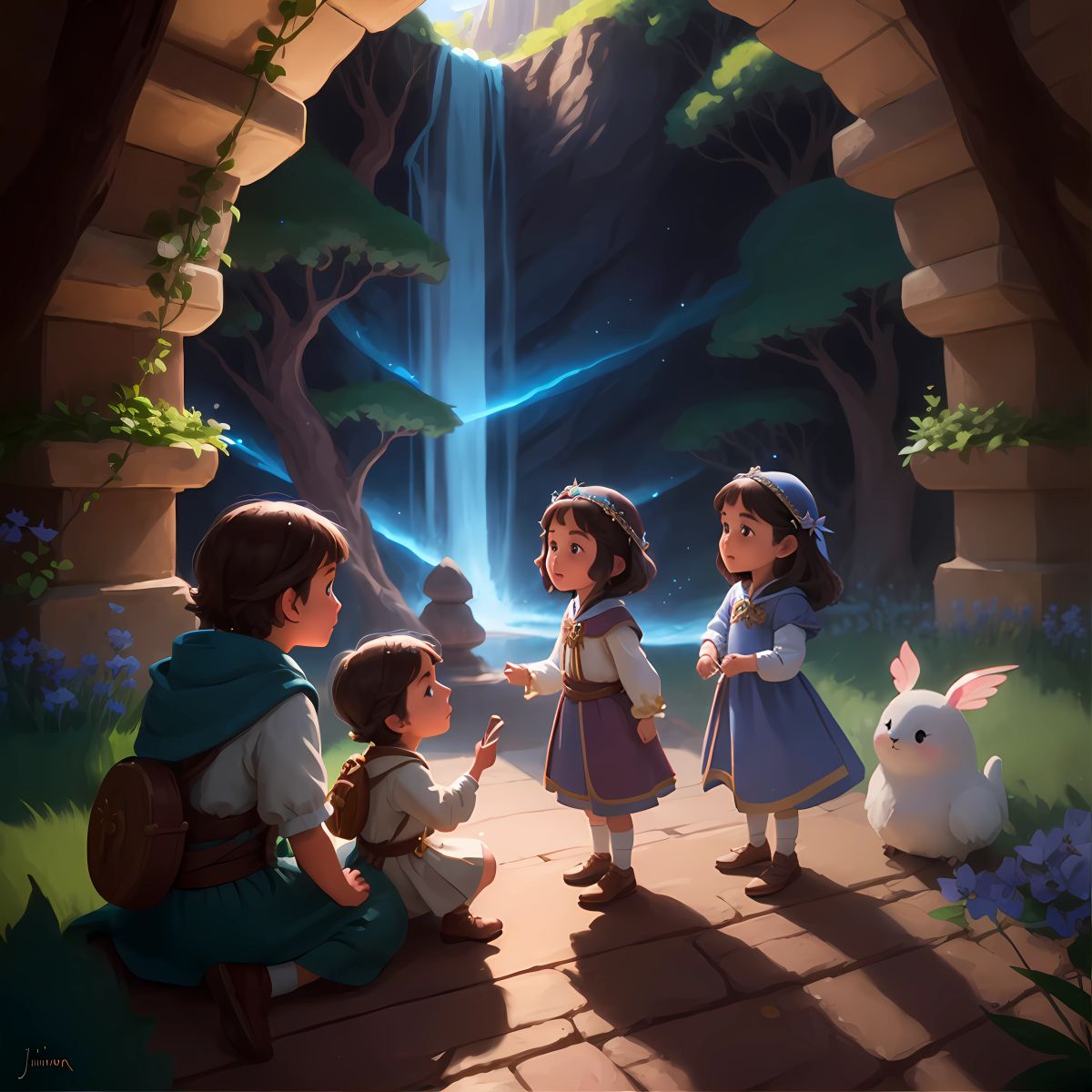 Children from different lands gathering around, eager to hear the enchanting tale of Princess Amelia, inspired by her bravery to embark on their own quests and discover the magic within themselves and the endless possibilities that await.