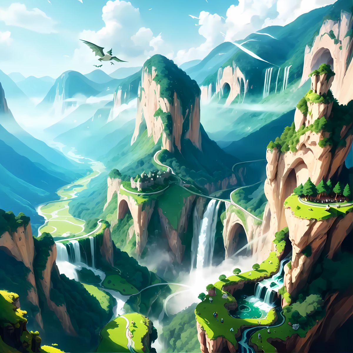 A breathtaking valley in the dragon's homeland, adorned with lush greenery and cascading waterfalls, where the dragon family dances in the sky, their wings creating a mesmerizing display of grace and beauty.