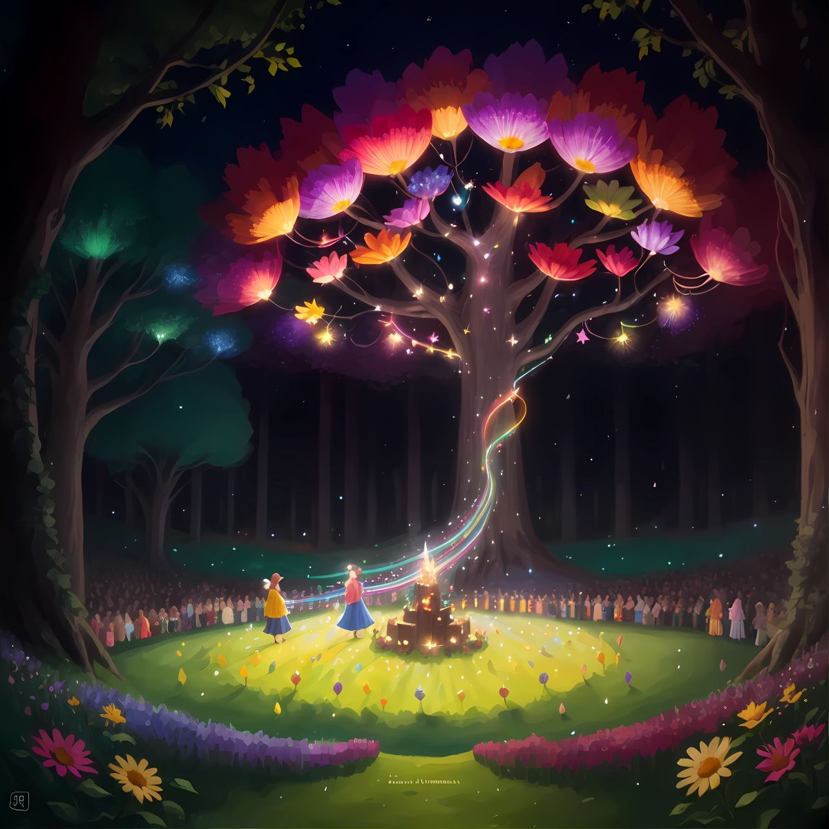 The grand celebration in the meadow, decorated with colorful flowers and sparkling lights, where all the creatures of the forest gather to express their gratitude and celebrate the power of friendship and kindness, a night filled with laughter, music, and love.