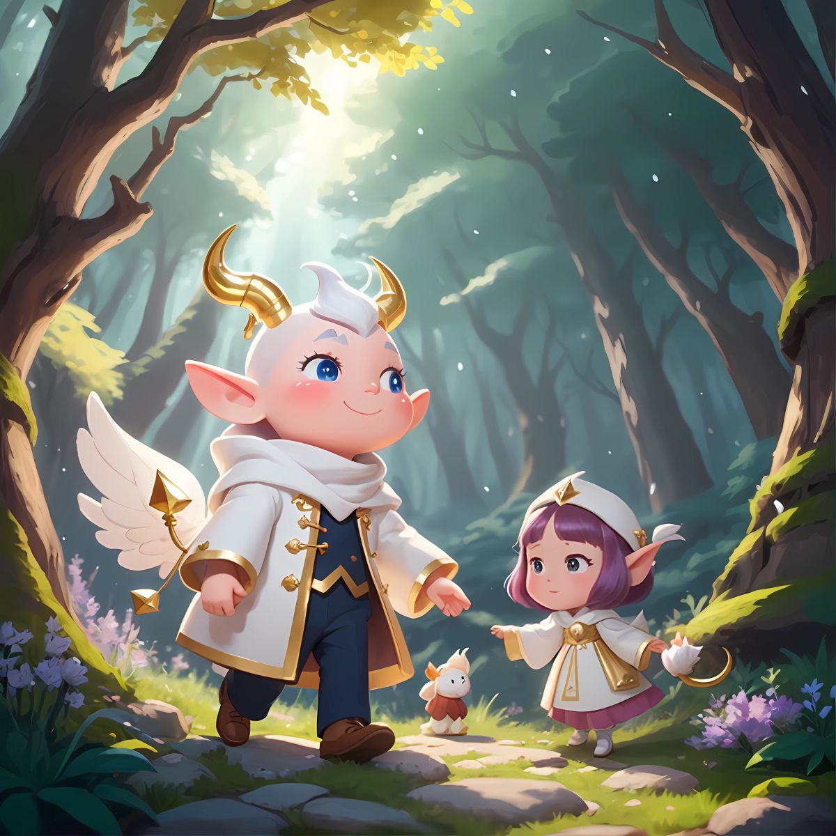 Sparkle, with her shimmering white coat, encountering a mischievous imp named Jasper in the forest, using her magical touch to transform him from a troublemaker into a caring and compassionate friend, as they embark on adventures together, spreading laughter and kindness.