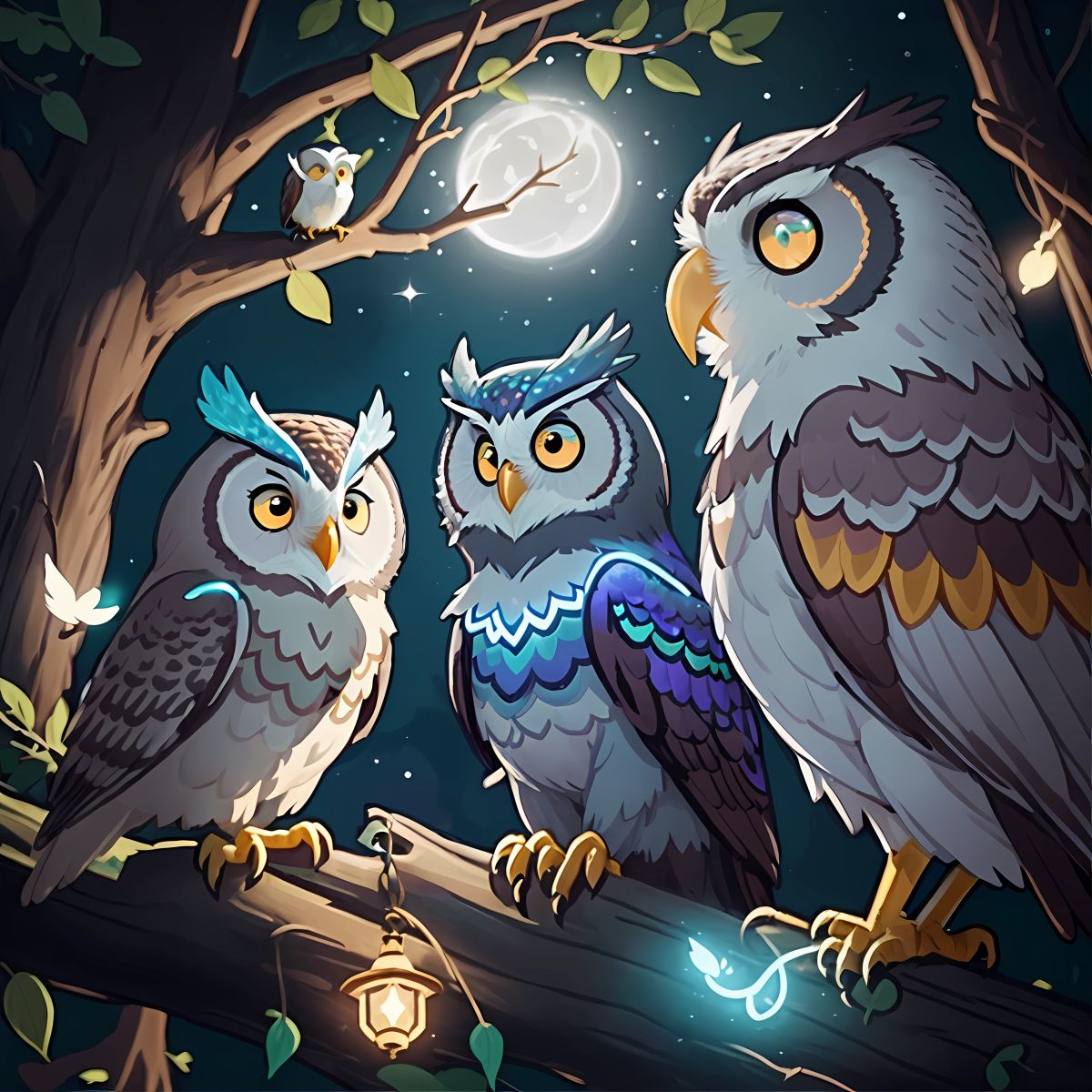 Sparkle and Jasper, listening attentively to the wise old owl, his feathers glowing in the moonlight, as he commends them for their bravery and kindness, reminding them to use their powers wisely and to always listen to their hearts.