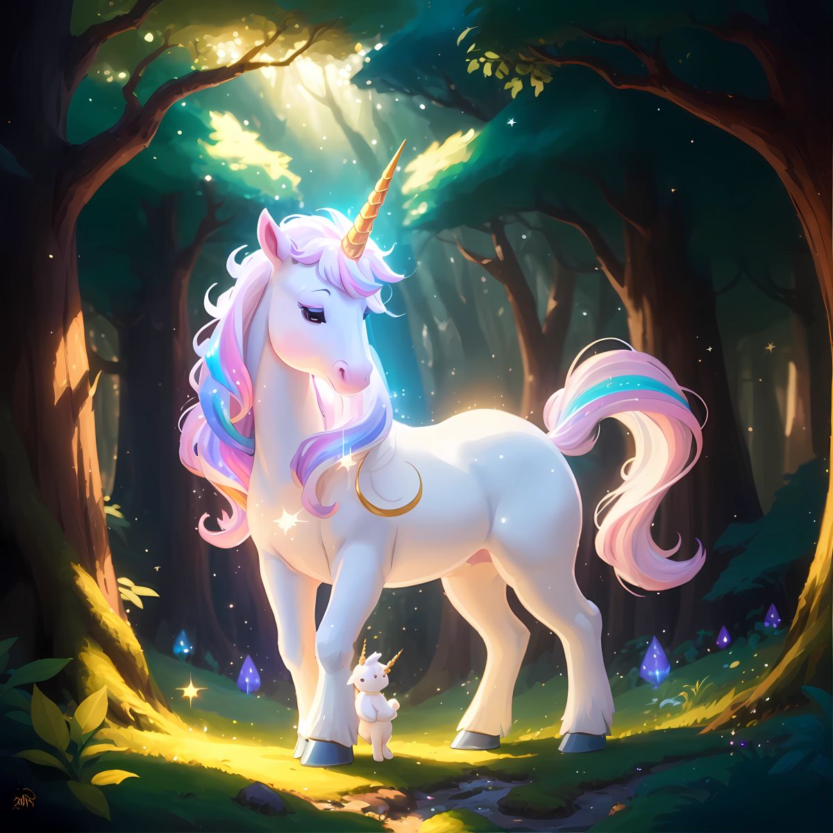 A magical forest with tall trees and a warm and radiant glow, where a little unicorn named Sparkle is born, her shimmering white coat and majestic golden horn illuminating the enchantment of the surroundings.