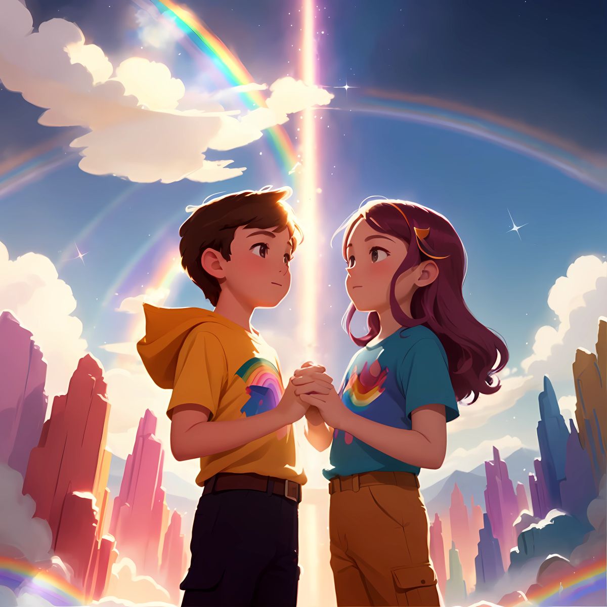 Sparkle and Jasper, standing beneath a magnificent rainbow stretching across the sky, each color representing a special power, as they touch each hue, discovering new strengths and abilities within themselves, embracing the limitless possibilities that await them.