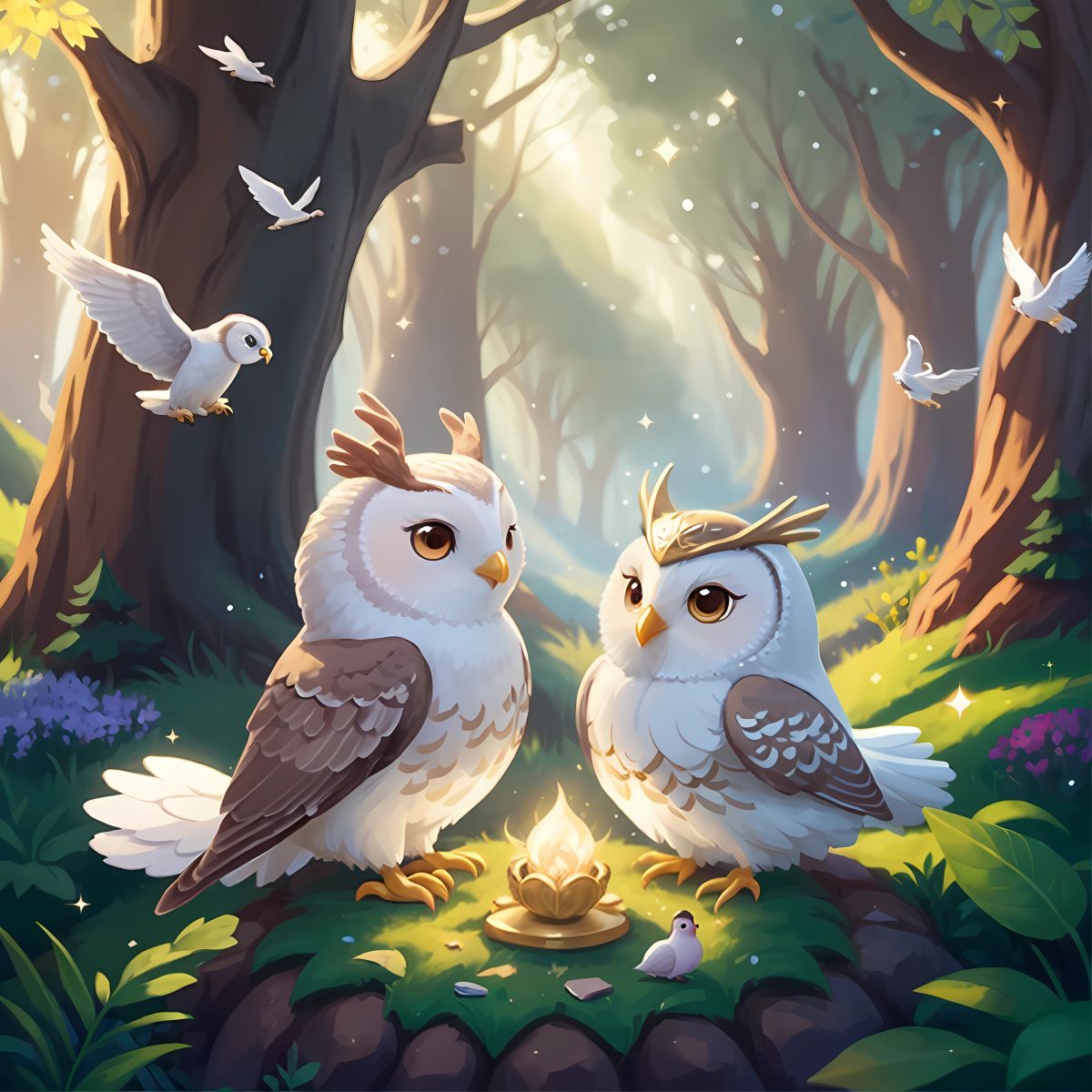 Sparkle, surrounded by squirrels, rabbits, and a wise old owl, using her golden horn to touch each creature, filling their hearts with warmth, love, and compassion, as the forest becomes a harmonious sanctuary of friendship and joy.