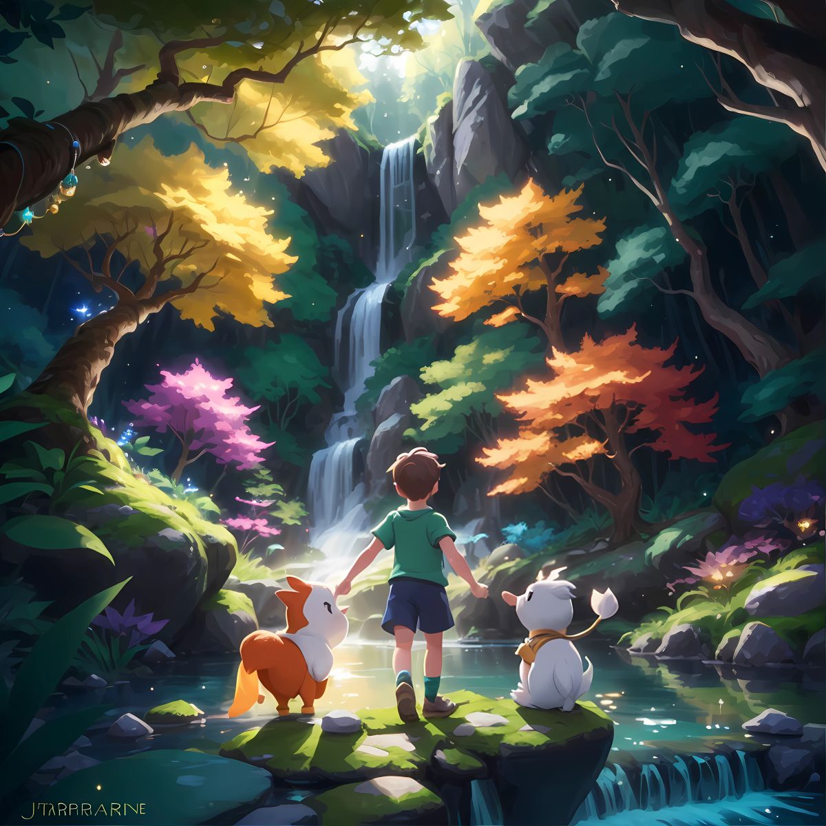 Sparkle and Jasper, filled with excitement, embarking on an adventure to find the enchanted waterfall that grants wishes, overcoming challenges and obstacles with their friendship and determination, as their wishes echo through the forest, filling it with hope and magic.