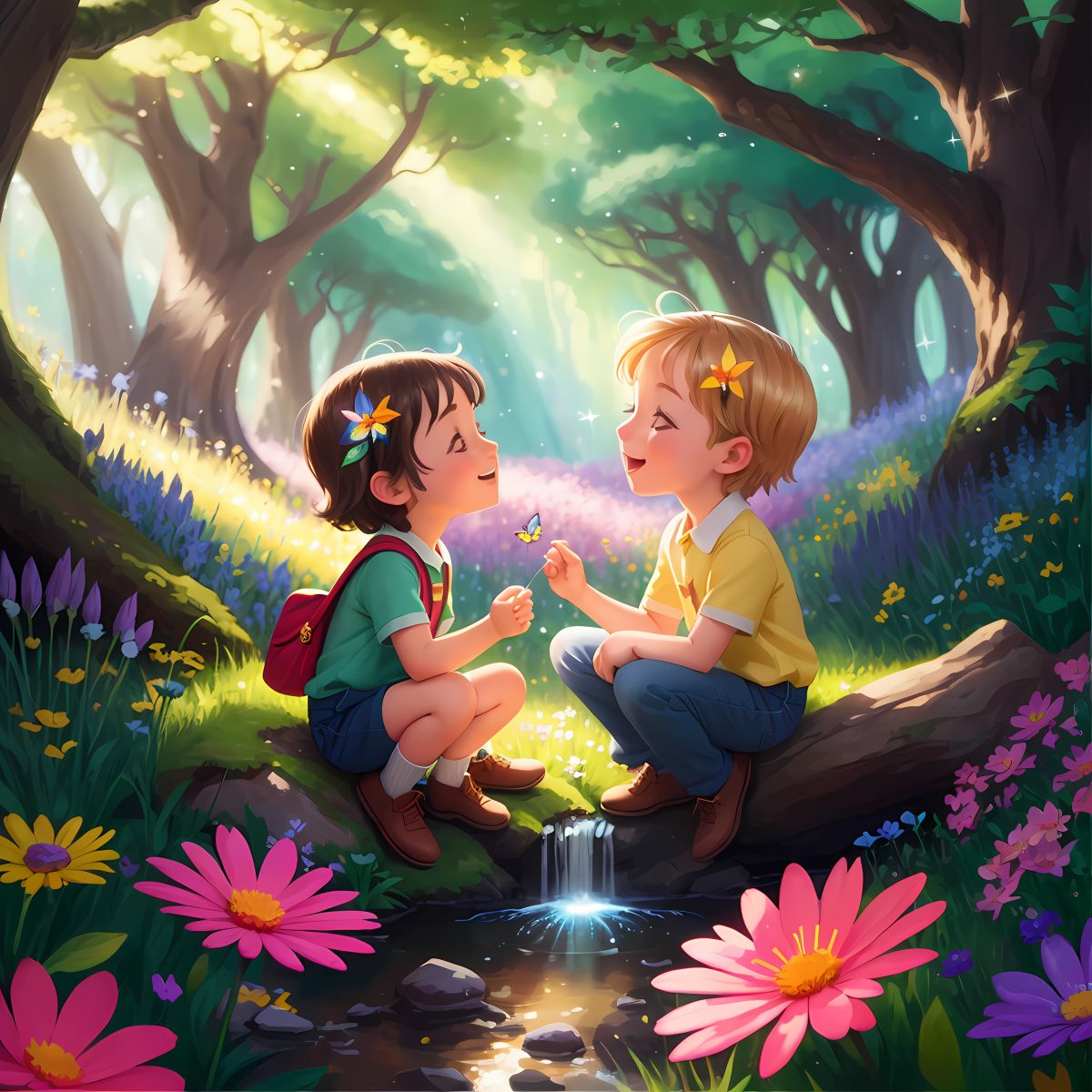 Sparkle and Jasper, best friends, discovering a hidden meadow deep within the forest, filled with colorful flowers, sparkling streams, and magical butterflies, where dreams come true and laughter fills the air, as they bring happiness and beauty to the sanctuary of love.