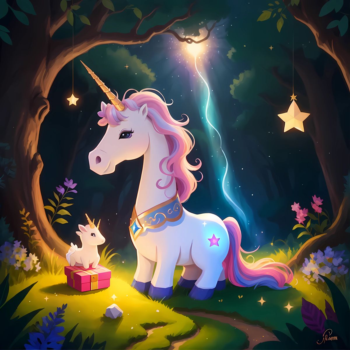 Sparkle, a wise and graceful unicorn, spreading happiness and kindness wherever she goes, passing on her gift to future generations, her legacy living on in the hearts of all the creatures in the enchanted forest, as a twinkling star in the night sky reminds them of her eternal presence.