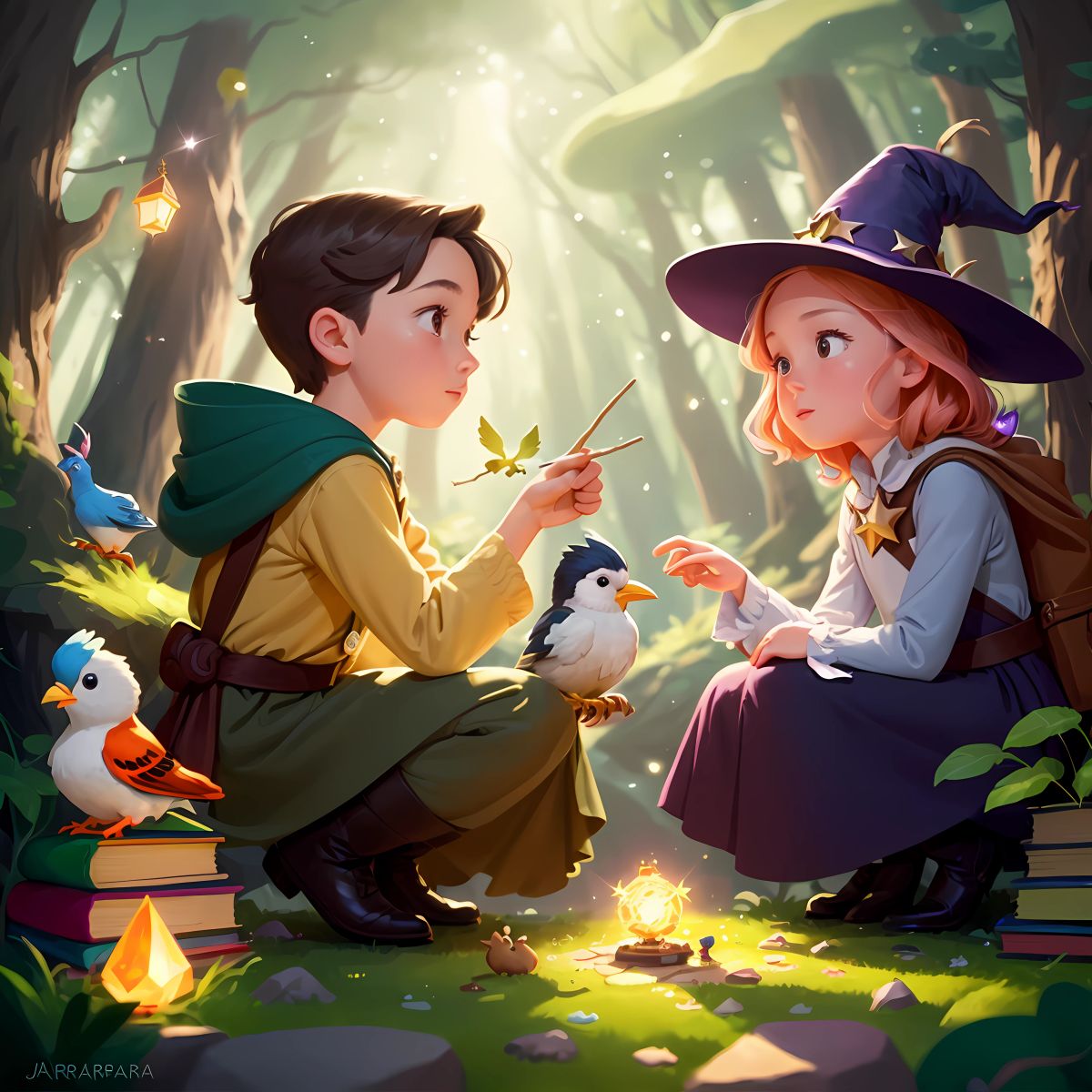 Sparkle and Jasper, with newfound courage and creativity, devising a plan to rescue a trapped bird family from a wicked witch's lair, outsmarting her with their cleverness and bravery, as the forest rejoices in their heroic act of kindness.