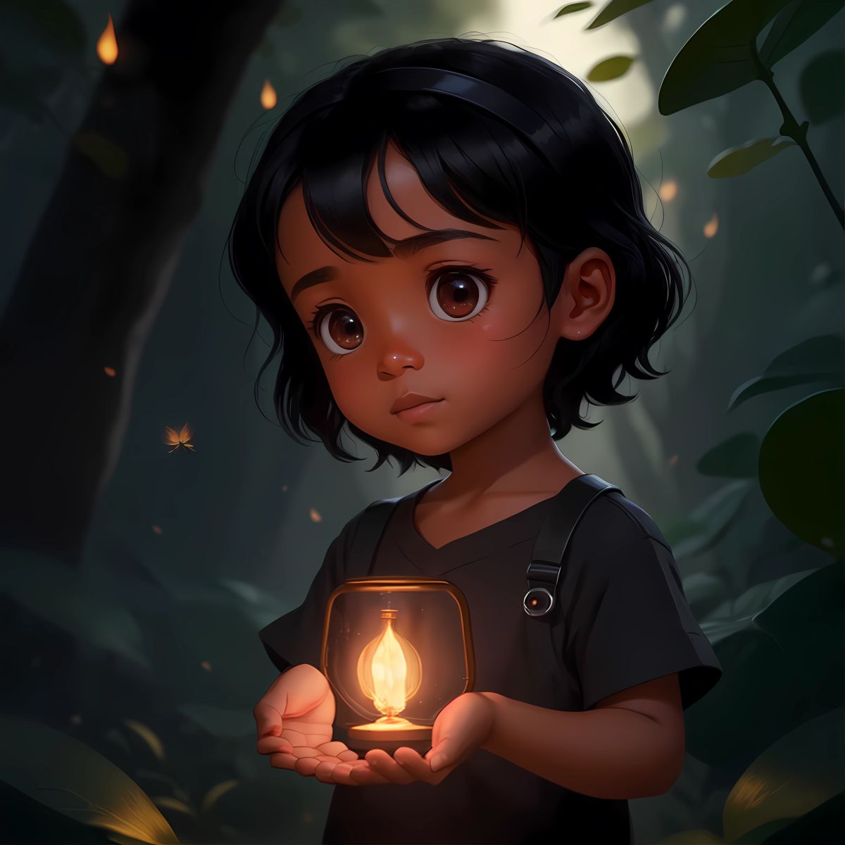 Alexandre gently cupping a struggling firefly in her hands, guiding it towards safety and illuminating the path ahead with compassion.