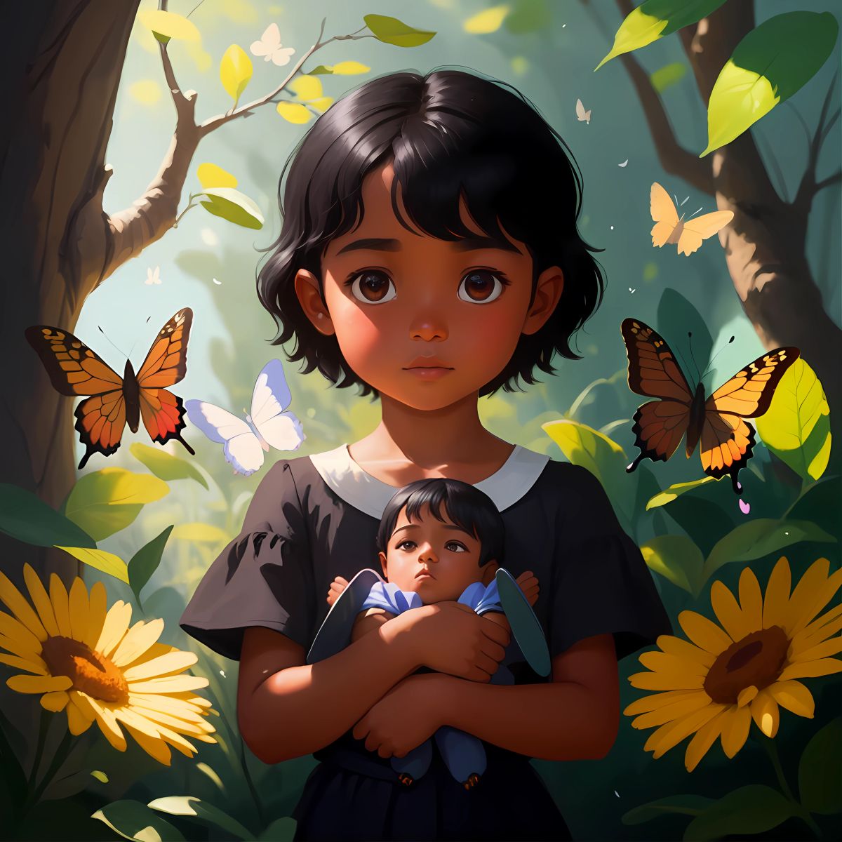 Alexandre cradling a wounded butterfly in her hands, whispering words of forgiveness and healing.