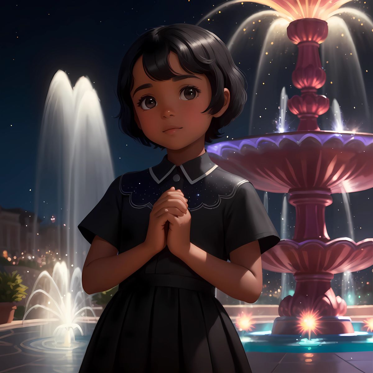 Alexandre standing beside a sparkling fountain, expressing her gratitude for the blessings in her life.