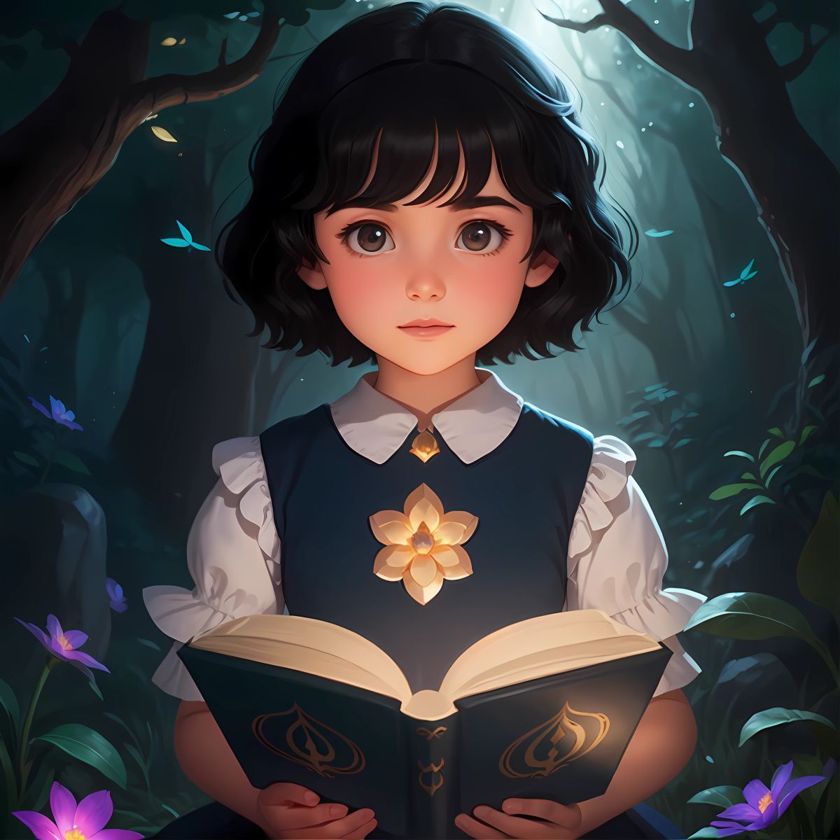 Elyann reading the enchanted book, surrounded by a magical aura.