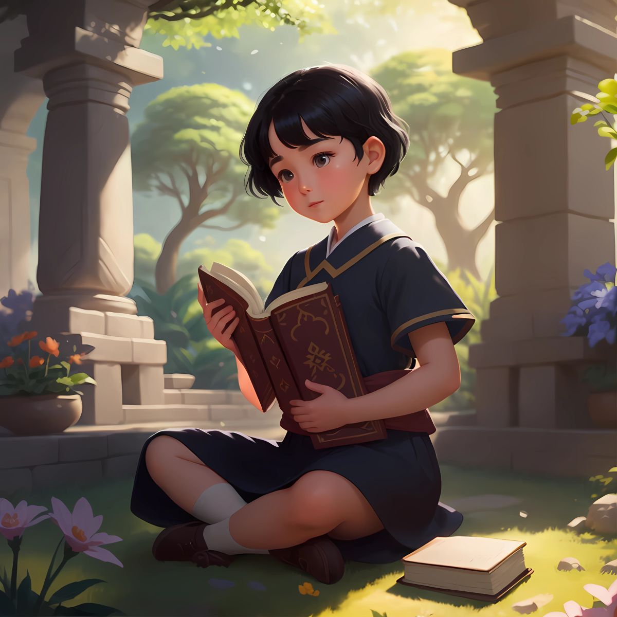 Elyann holding a book filled with ancient wisdom in the middle of a beautiful garden.