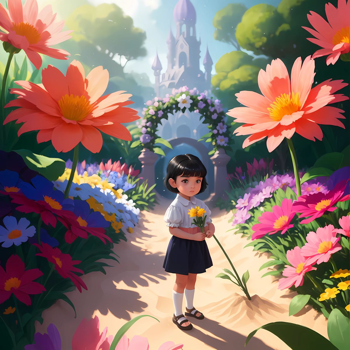 A magical garden with vibrant flowers and a hidden object in the sand.
