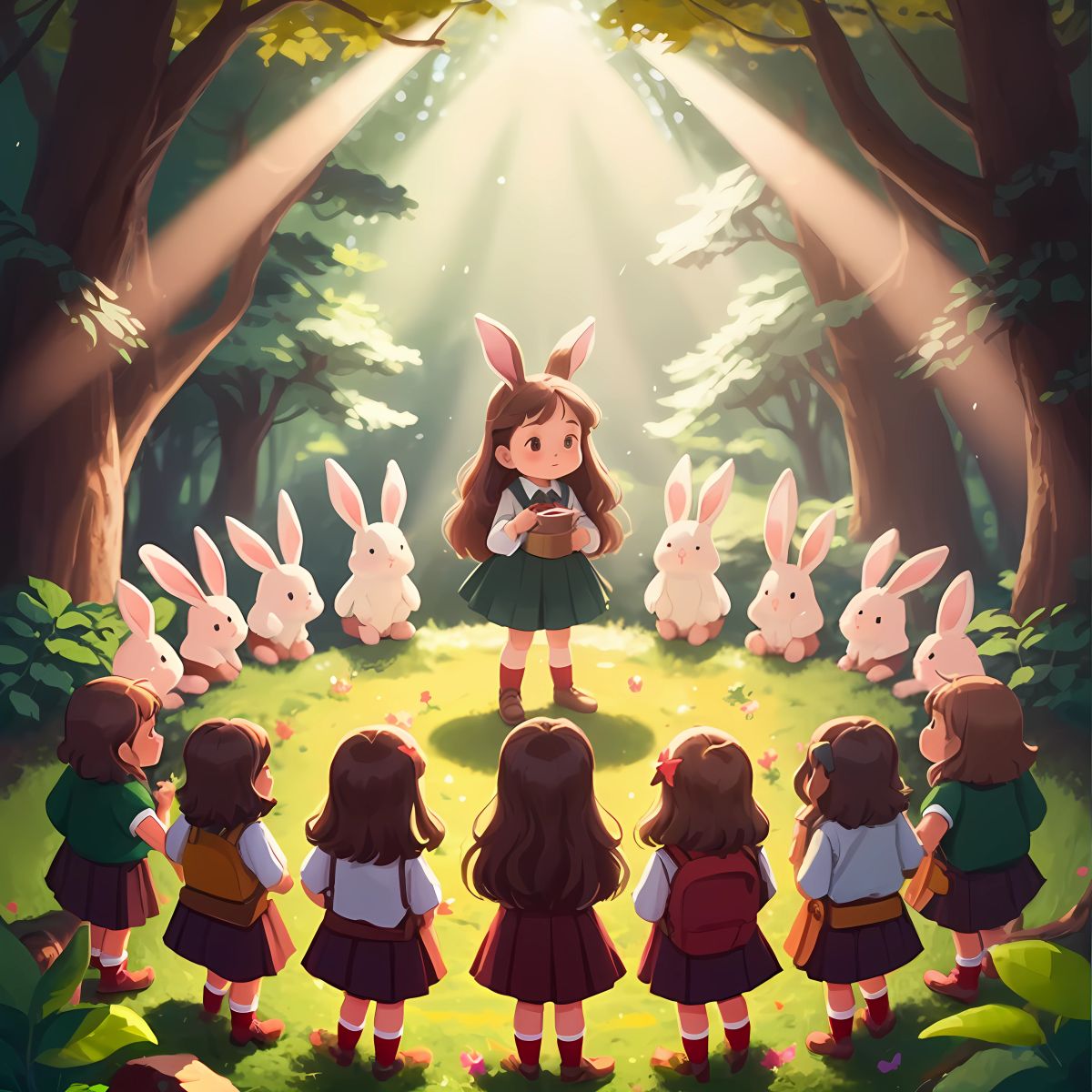 Ruby's classmates standing united, forming a circle of friendship around her. The school assembly takes place in a clearing in the forest, with sunlight illuminating the scene and casting a warm glow on everyone's faces.